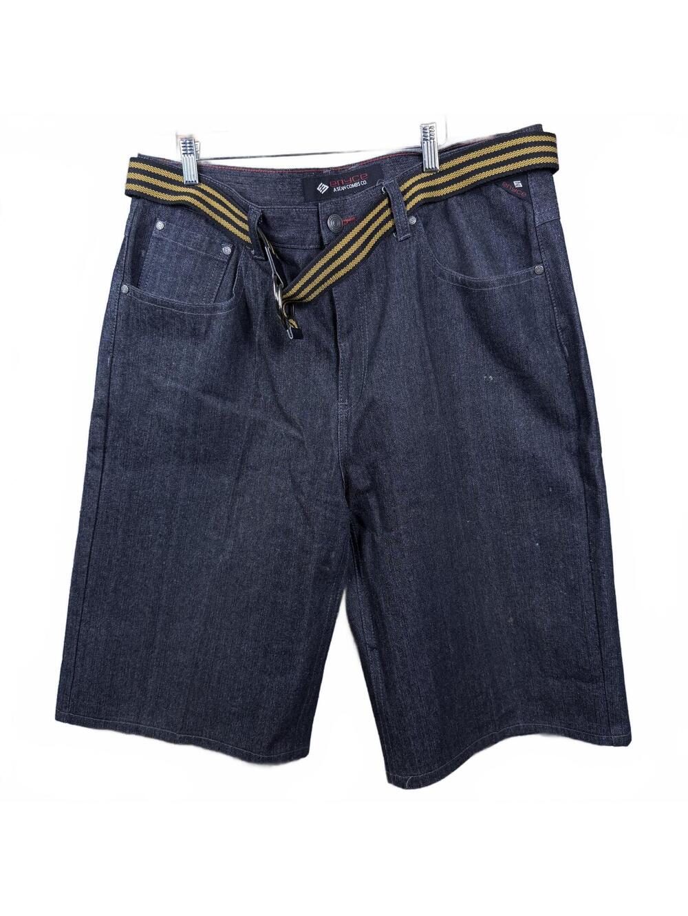 Enyce Y2K Baggy Dark Wash Denim Jorts Skater Shorts with Striped Web Belt 38